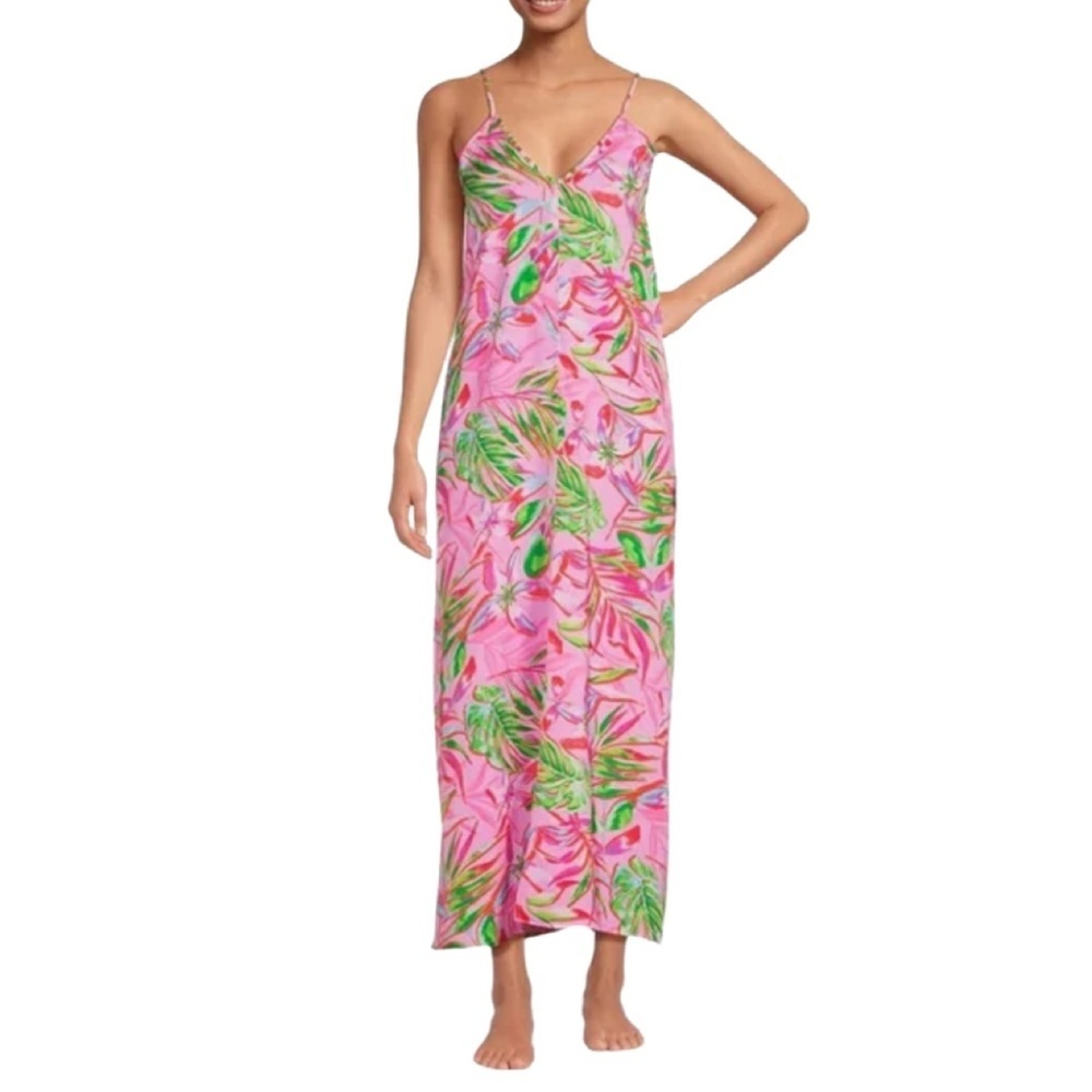NWOT VAN WINKLE & CO Palm Print V-Neck Sleeveless Satin Maxi Chemise Dress Small